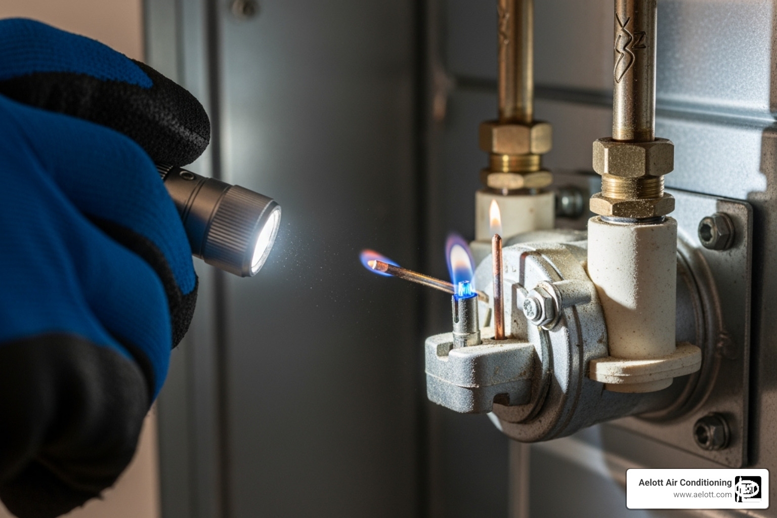 Technician inspecting a pilot light assembly - furnace pilot light Technician inspecting a pilot light assembly - furnace pilot light