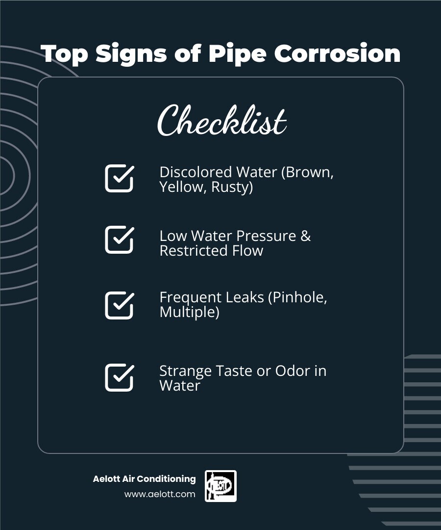 Infographic showing the top 5 signs of pipe corrosion: discolored brown or rusty water flowing from a tap, a pressure gauge showing low water pressure, multiple water leak stains on walls and ceilings, exposed pipes with visible rust and flaking metal, and a glass of water with metallic particles and unpleasant odor indicators - corroded pipe replacement rancho bernardo ca infographic checklist-dark-blue Infographic showing the top 5 signs of pipe corrosion: discolored brown or rusty water flowing from a tap, a pressure gauge showing low water pressure, multiple water leak stains on walls and ceilings, exposed pipes with visible rust and flaking metal, and a glass of water with metallic particles and unpleasant odor indicators - corroded pipe replacement rancho bernardo ca infographic checklist-dark-blue