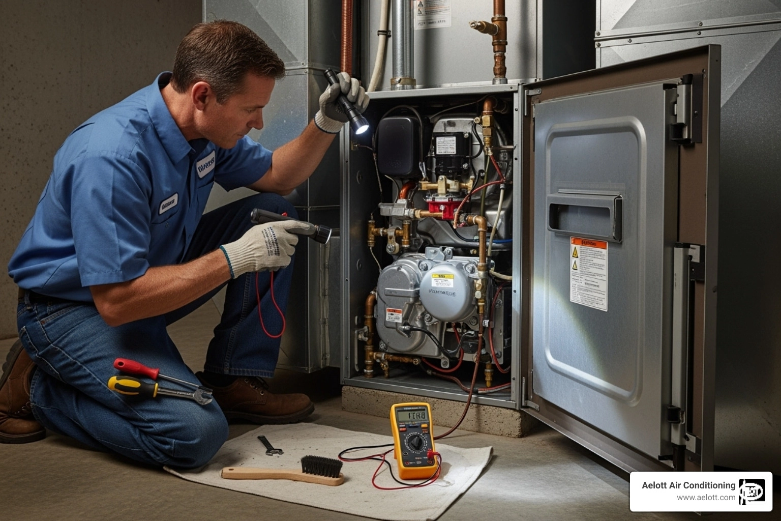 an HVAC technician inspecting a furnace burner assembly - furnace smells like gas an HVAC technician inspecting a furnace burner assembly - furnace smells like gas