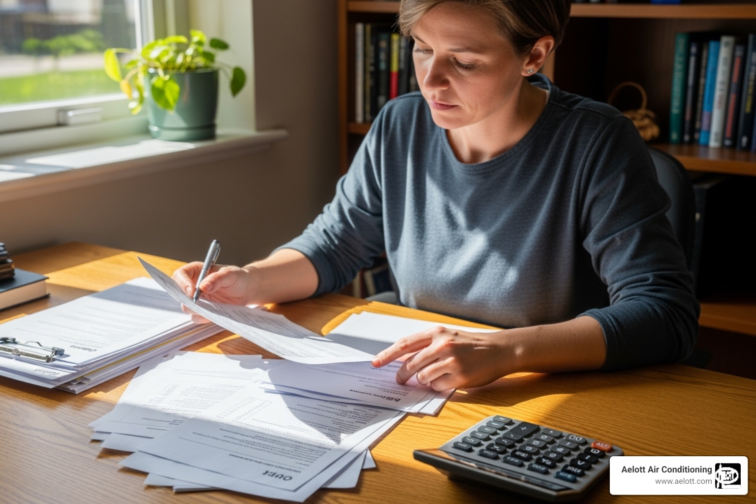 Person reviewing multiple quote documents with a calculator - New AC quote