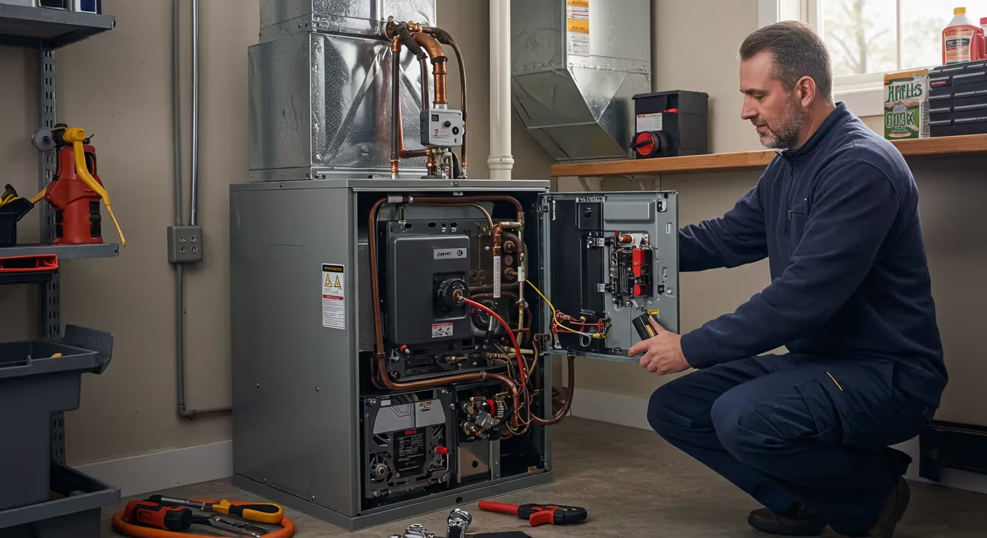 Technician servicing furnace