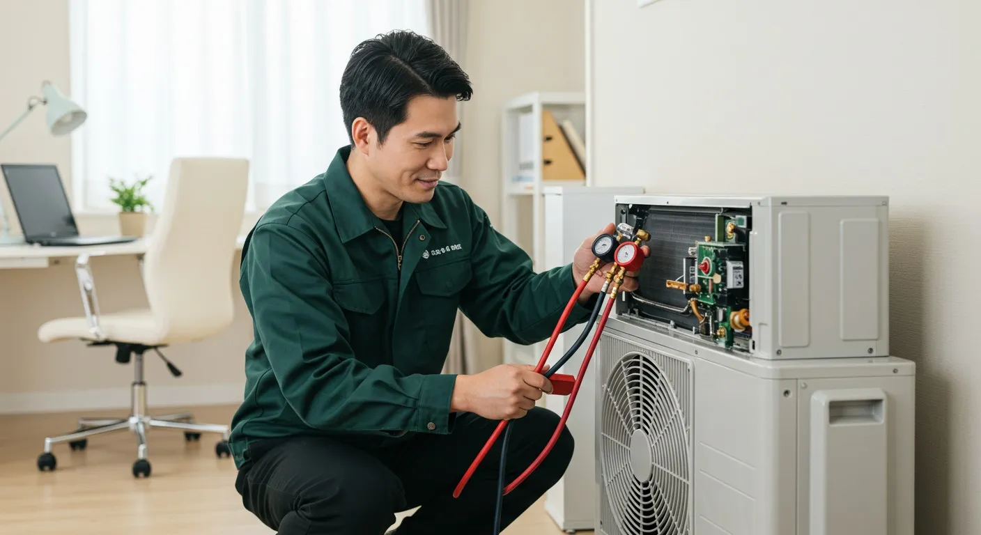 Technician servicing a mini split AC system, adjusting pressure gauges on the outdoor condenser unit in a modern home setting.
