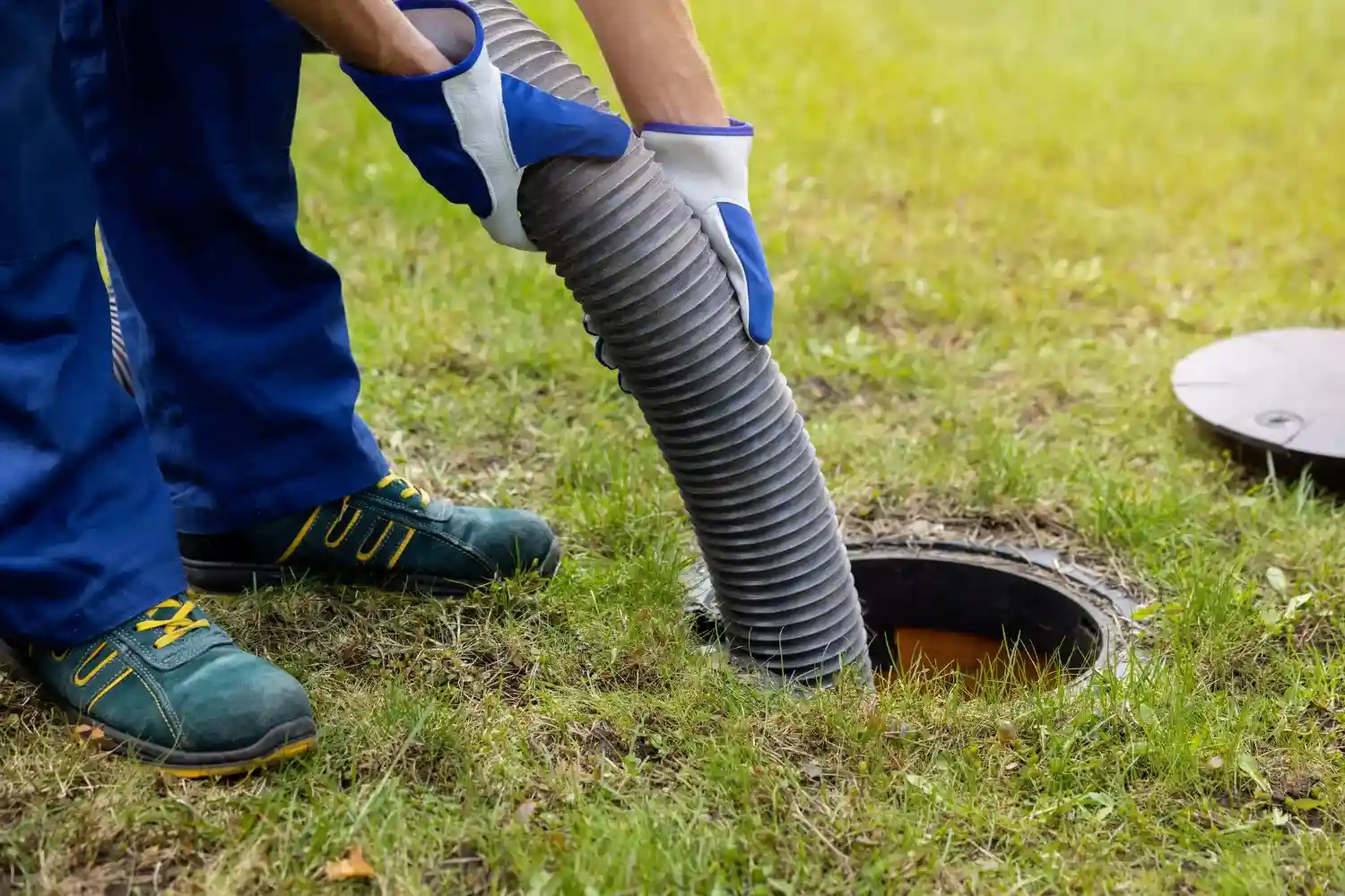 A person wearing blue coveralls and white gloves holds a large, flexible hose and guides it into an open septic tank.