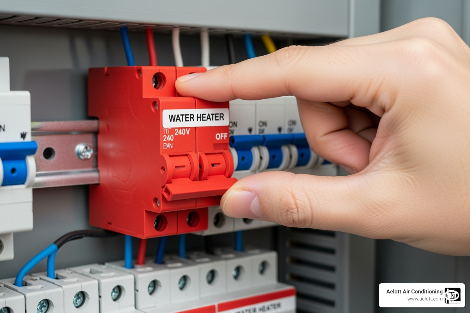 person safely turning off a circuit breaker labeled "Water Heater" - electric water heater problems