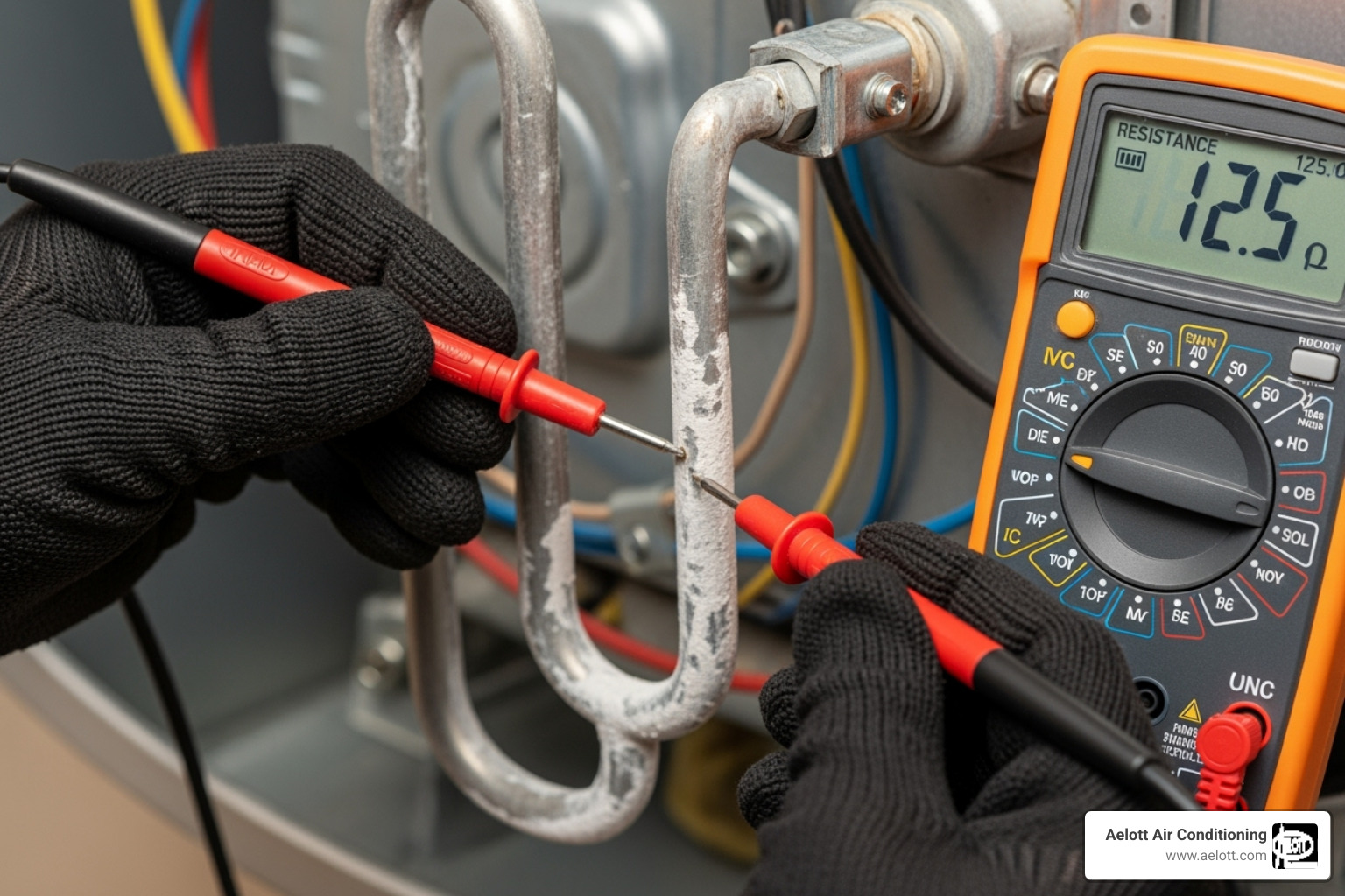 multimeter being used to test a heating element - electric water heater problems