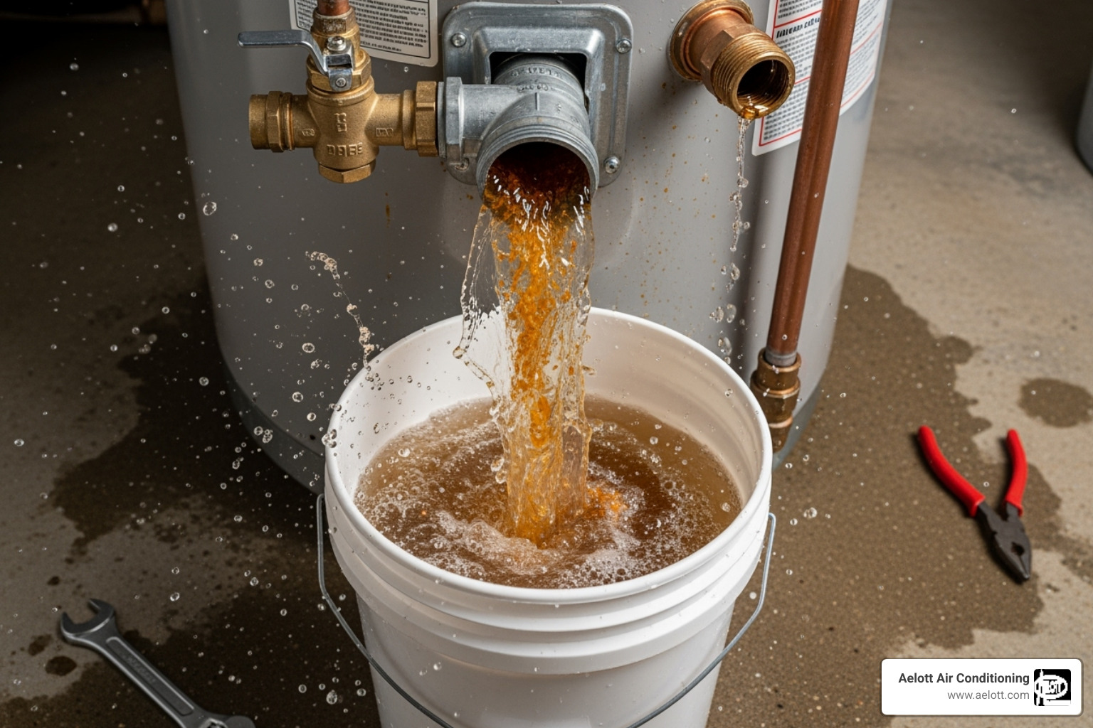 water being flushed from a water heater drain valve - electric water heater problems