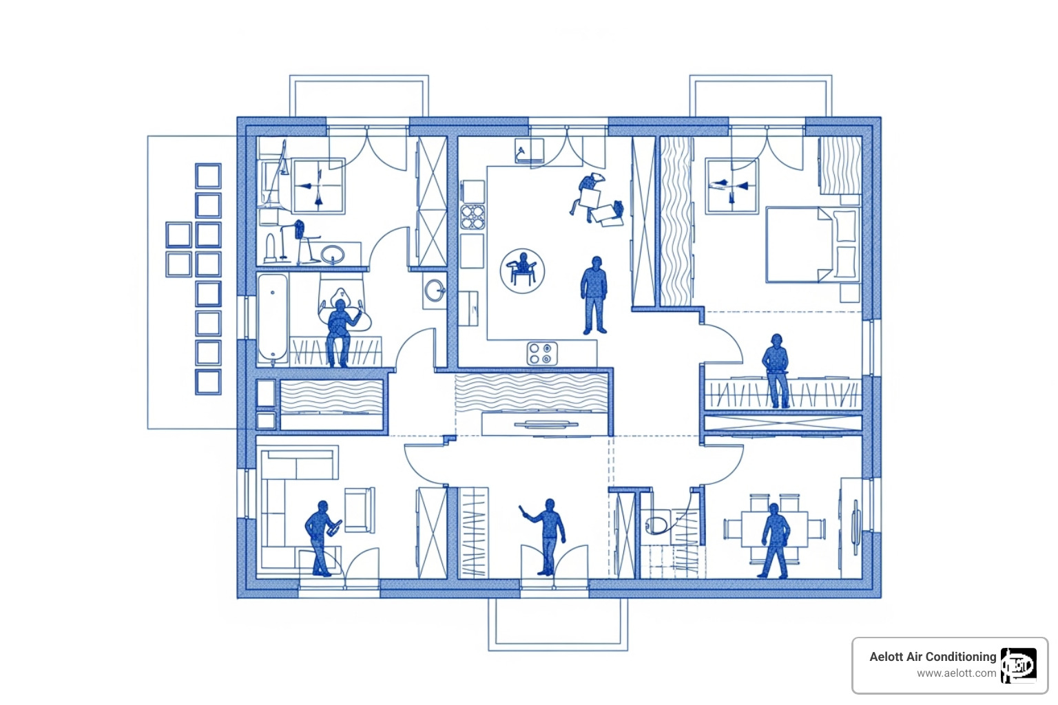 A blueprint with icons for windows, insulation, and people overlaid - hvac system sizing