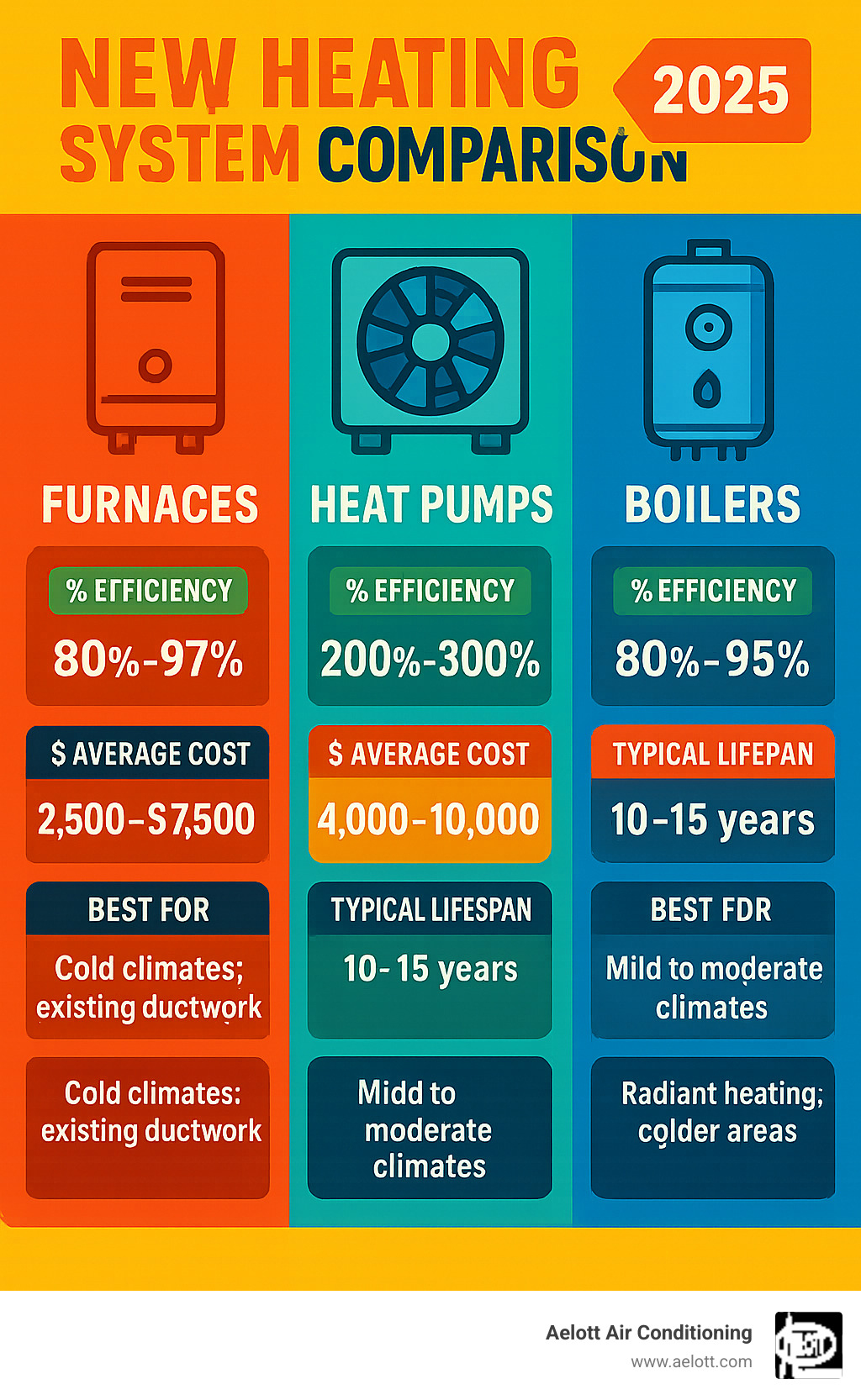Comprehensive comparison chart showing different types of new heating systems including furnaces, heat pumps, and boilers with their efficiency ratings, average costs, typical lifespans, and best applications for different home types and climates - new heating system infographic 
