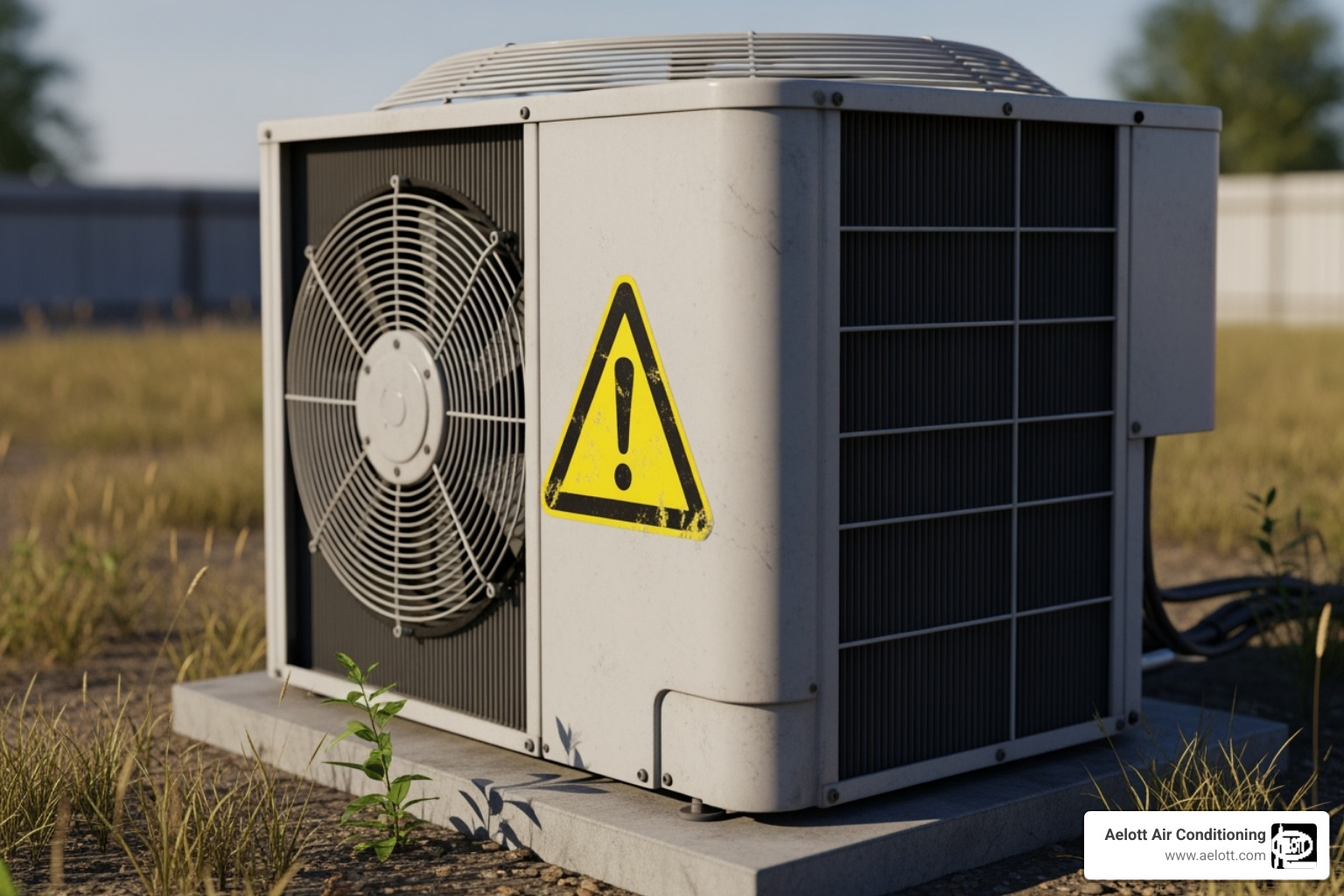 AC unit with a warning symbol for noise/smell - emergency ac service