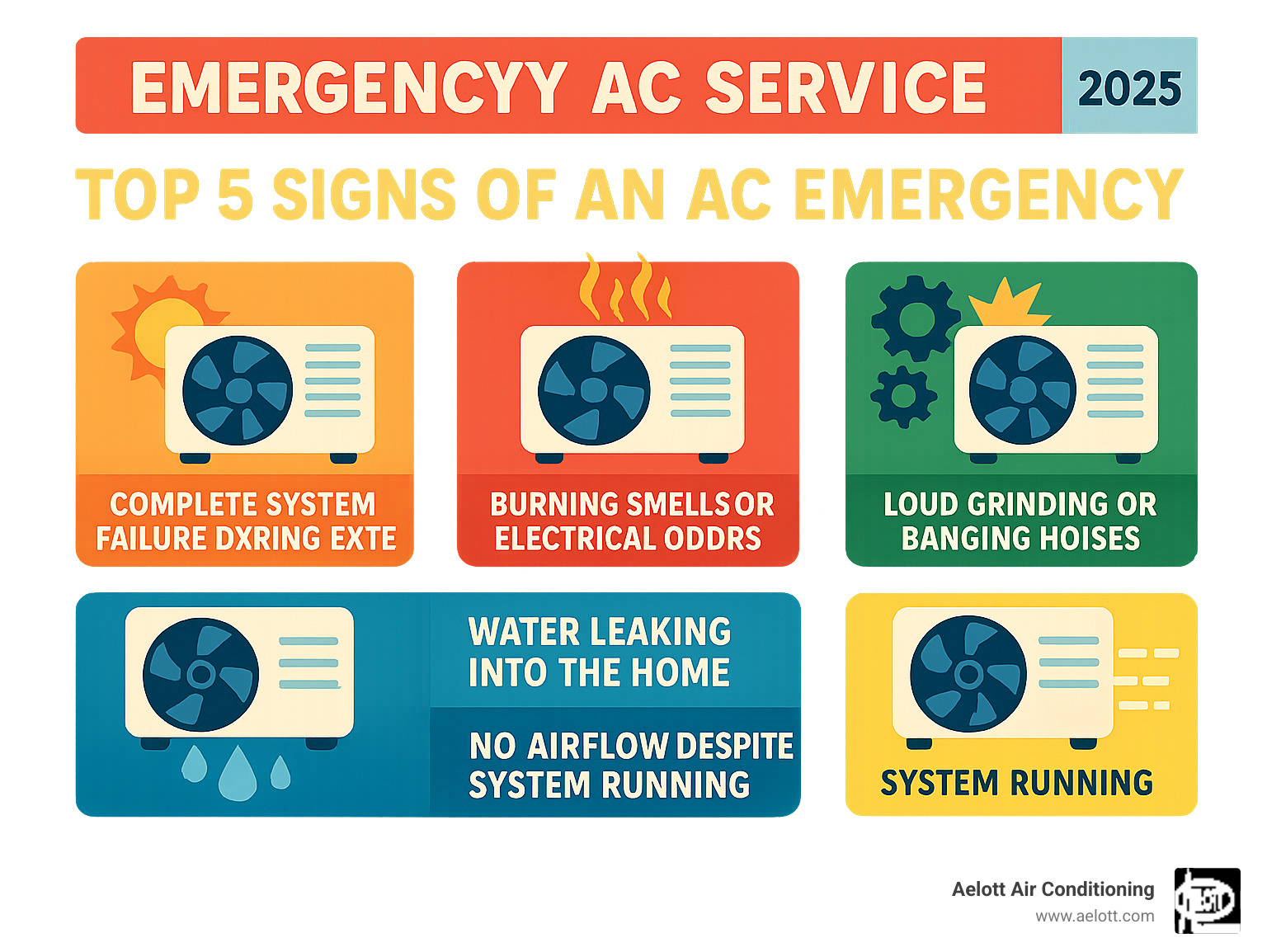 Infographic showing the top 5 signs of an AC emergency: complete system failure during extreme heat, burning smells or electrical odors, loud grinding or banging noises, water leaking into the home, and no airflow despite the system running - emergency ac service infographic 