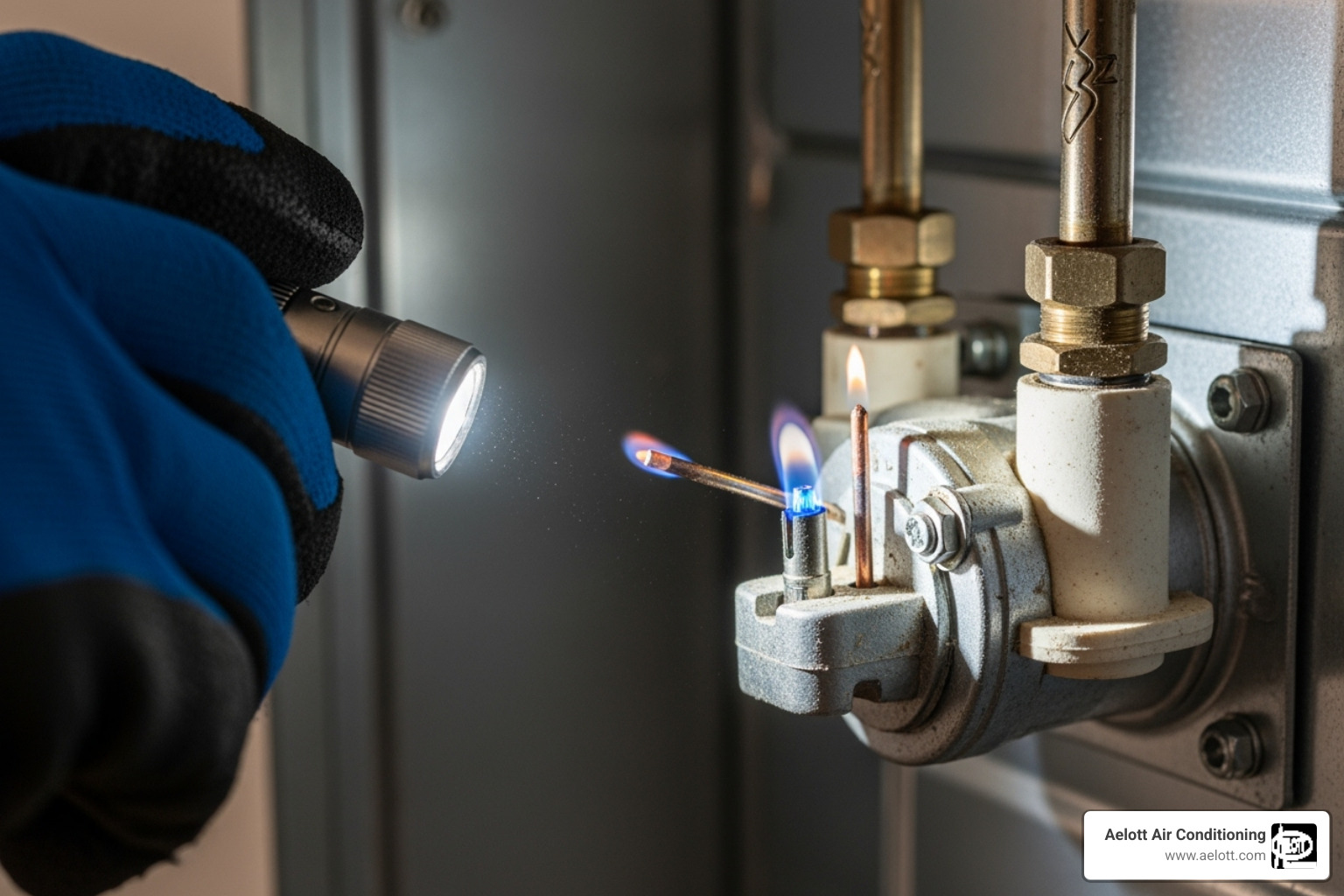 Technician inspecting a pilot light assembly - furnace pilot light