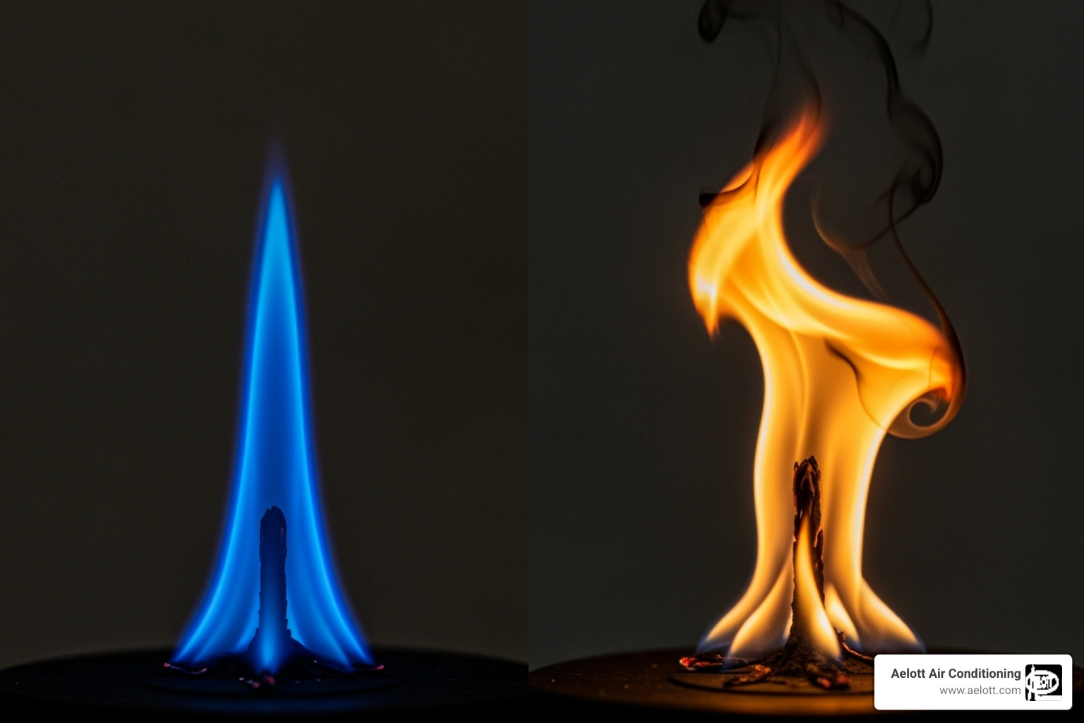 Healthy blue flame next to an unhealthy yellow/flickering flame - furnace pilot light