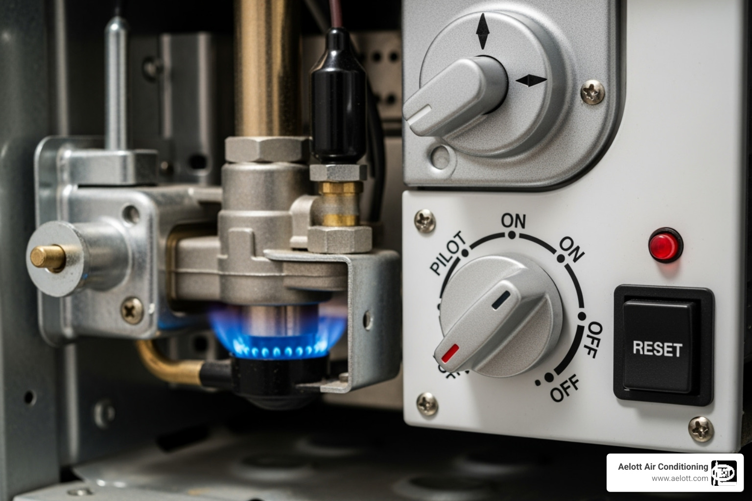 Pilot light assembly with the control knob clearly visible - furnace pilot light