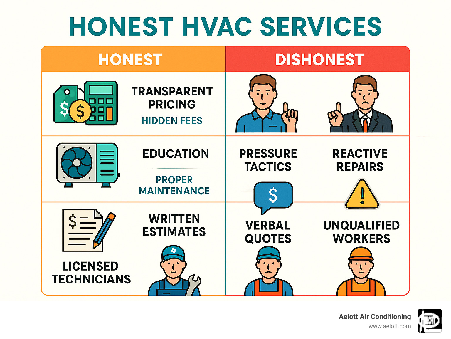 Infographic showing side-by-side comparison of honest vs dishonest HVAC contractor practices including transparent pricing vs hidden fees, education vs pressure tactics, proper maintenance vs reactive repairs, written estimates vs verbal quotes, and licensed technicians vs unqualified workers - honest HVAC services infographic Infographic showing side-by-side comparison of honest vs dishonest HVAC contractor practices including transparent pricing vs hidden fees, education vs pressure tactics, proper maintenance vs reactive repairs, written estimates vs verbal quotes, and licensed technicians vs unqualified workers - honest HVAC services infographic