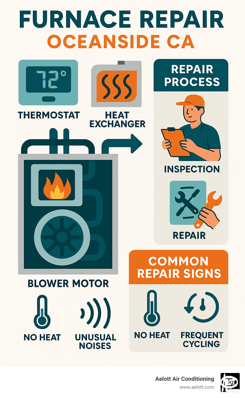 detailed infographic showing furnace components and repair process including thermostat, heat exchanger, blower motor, and common repair signs - furnace repair oceanside ca infographic 