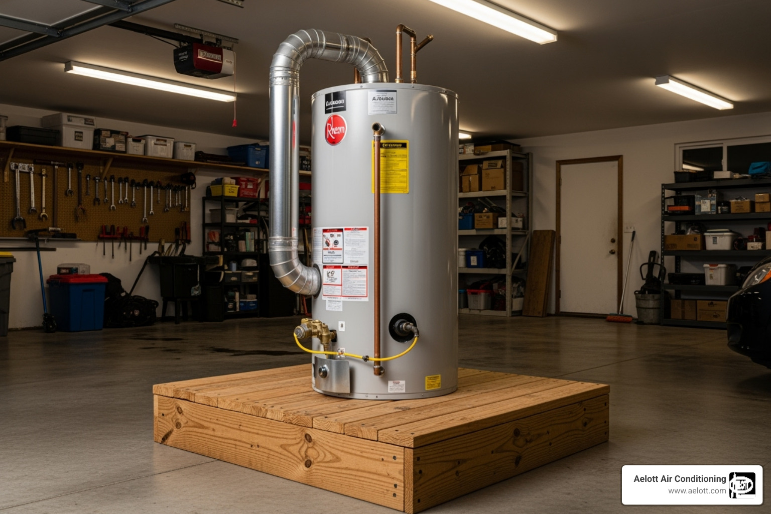 water heater lifted on a platform in a garage - water heater california code