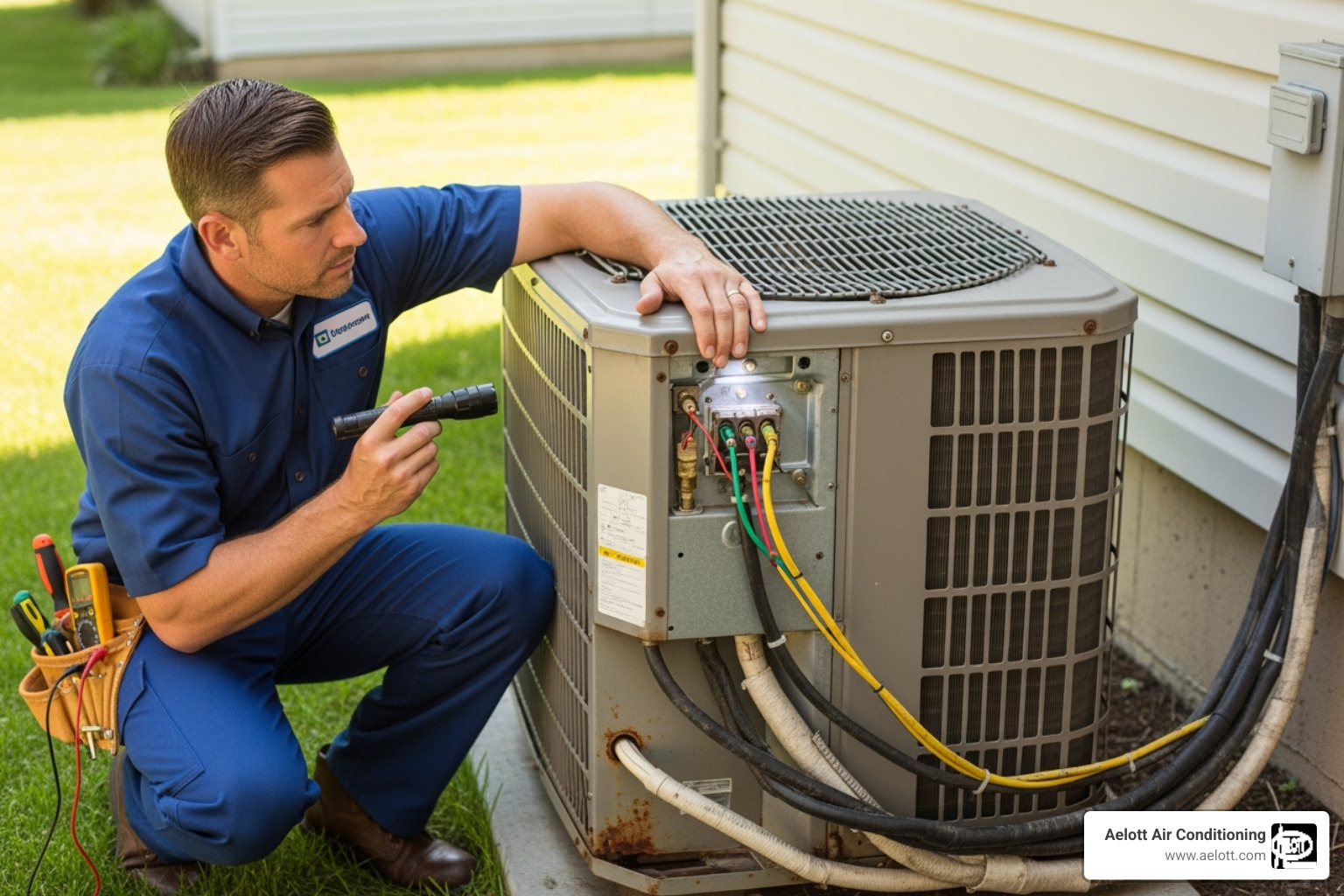 A professional HVAC technician is closely inspecting an older outdoor AC unit, examining its components and connections. - Air conditioning Oceanside CA