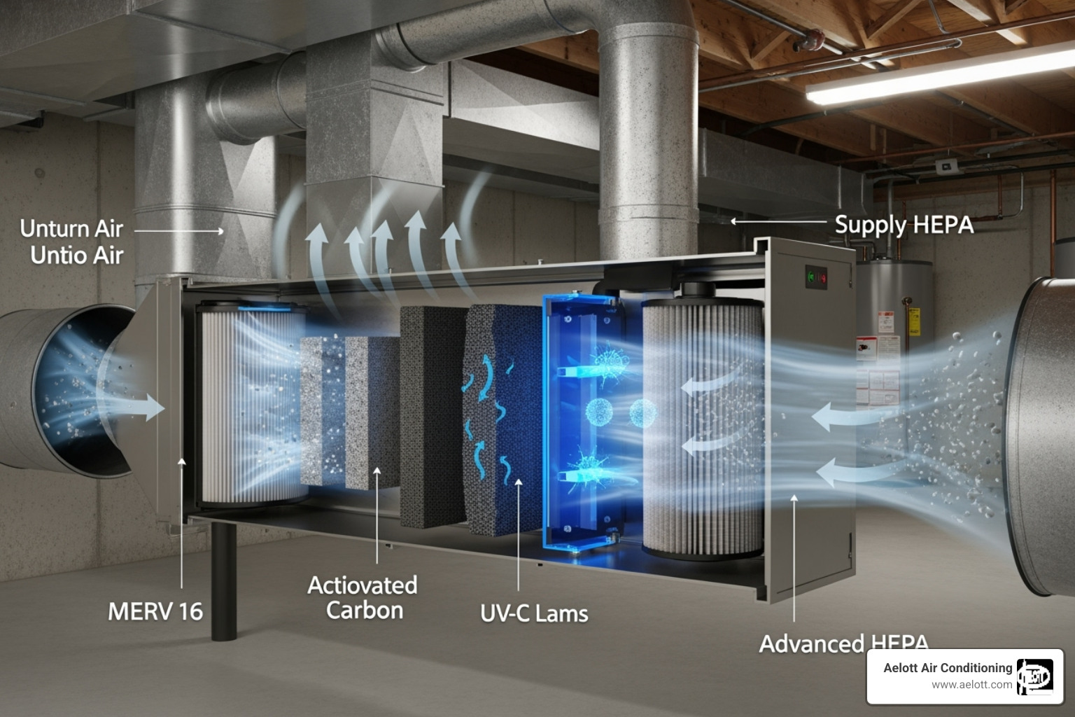 A whole-home air purifier system is shown with air flowing through various filters and purification stages. - Air conditioning Oceanside CA