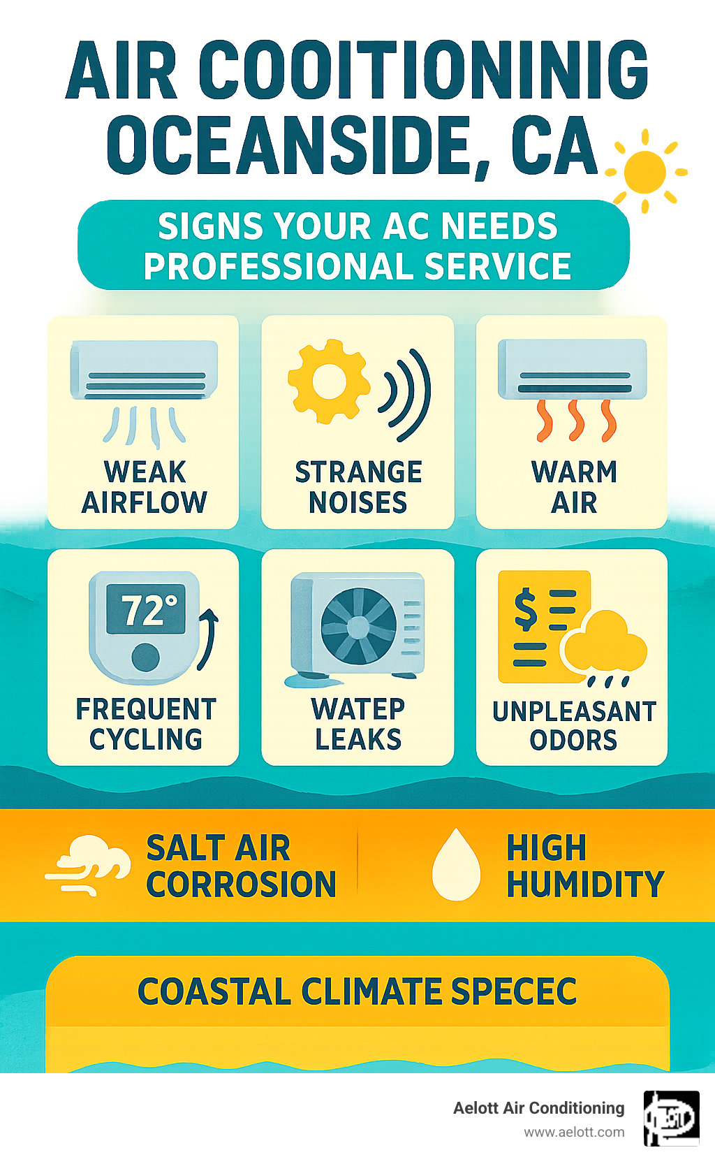 Comprehensive infographic showing key signs your AC needs professional service including weak airflow, strange noises, warm air output, frequent cycling, water leaks, high energy bills, and unpleasant odors, with Oceanside's coastal climate factors like salt air corrosion and high humidity highlighted - Air conditioning Oceanside CA infographic 