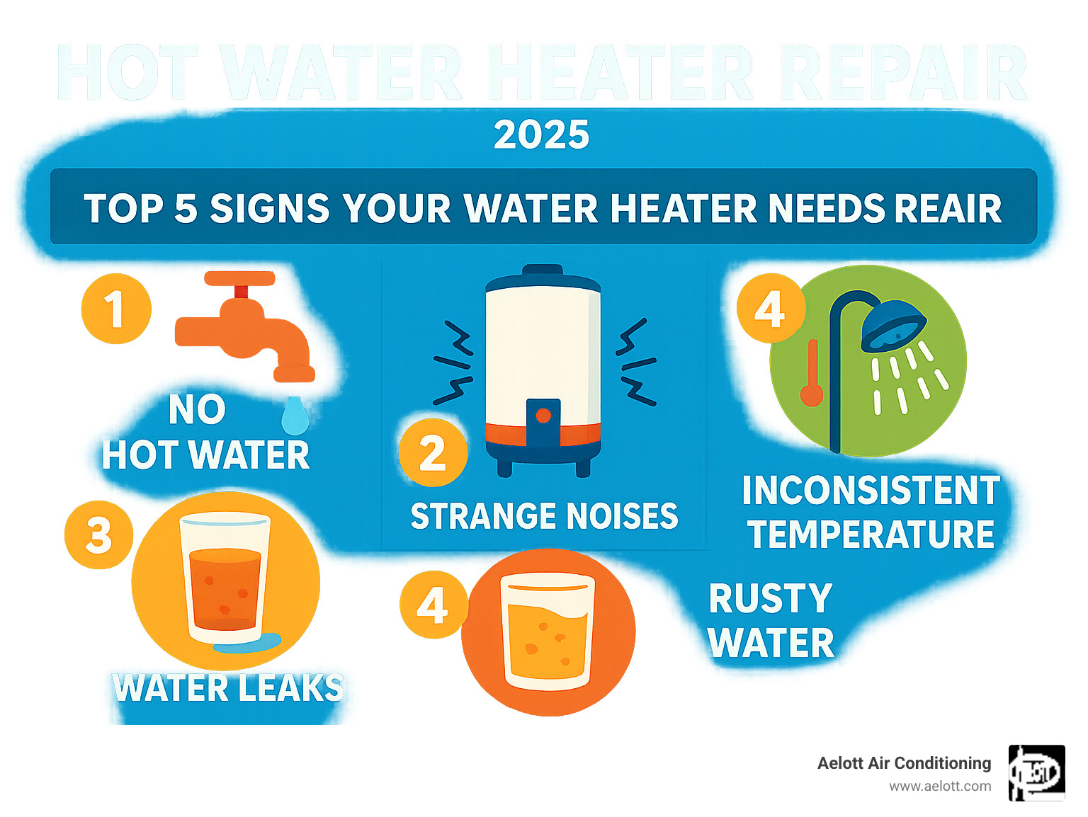 Infographic showing the top 5 signs your water heater needs repair: no hot water from faucets, strange popping or rumbling noises from the tank, visible water pooling around the unit base, rusty or discolored hot water, and fluctuating water temperatures during use - hot water heater repair infographic Infographic showing the top 5 signs your water heater needs repair: no hot water from faucets, strange popping or rumbling noises from the tank, visible water pooling around the unit base, rusty or discolored hot water, and fluctuating water temperatures during use - hot water heater repair infographic