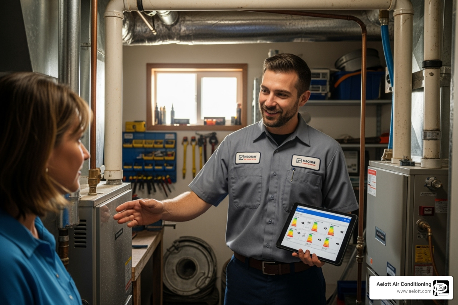 Homeowner discussing furnace options with a technician in front of their old unit - furnace installation service