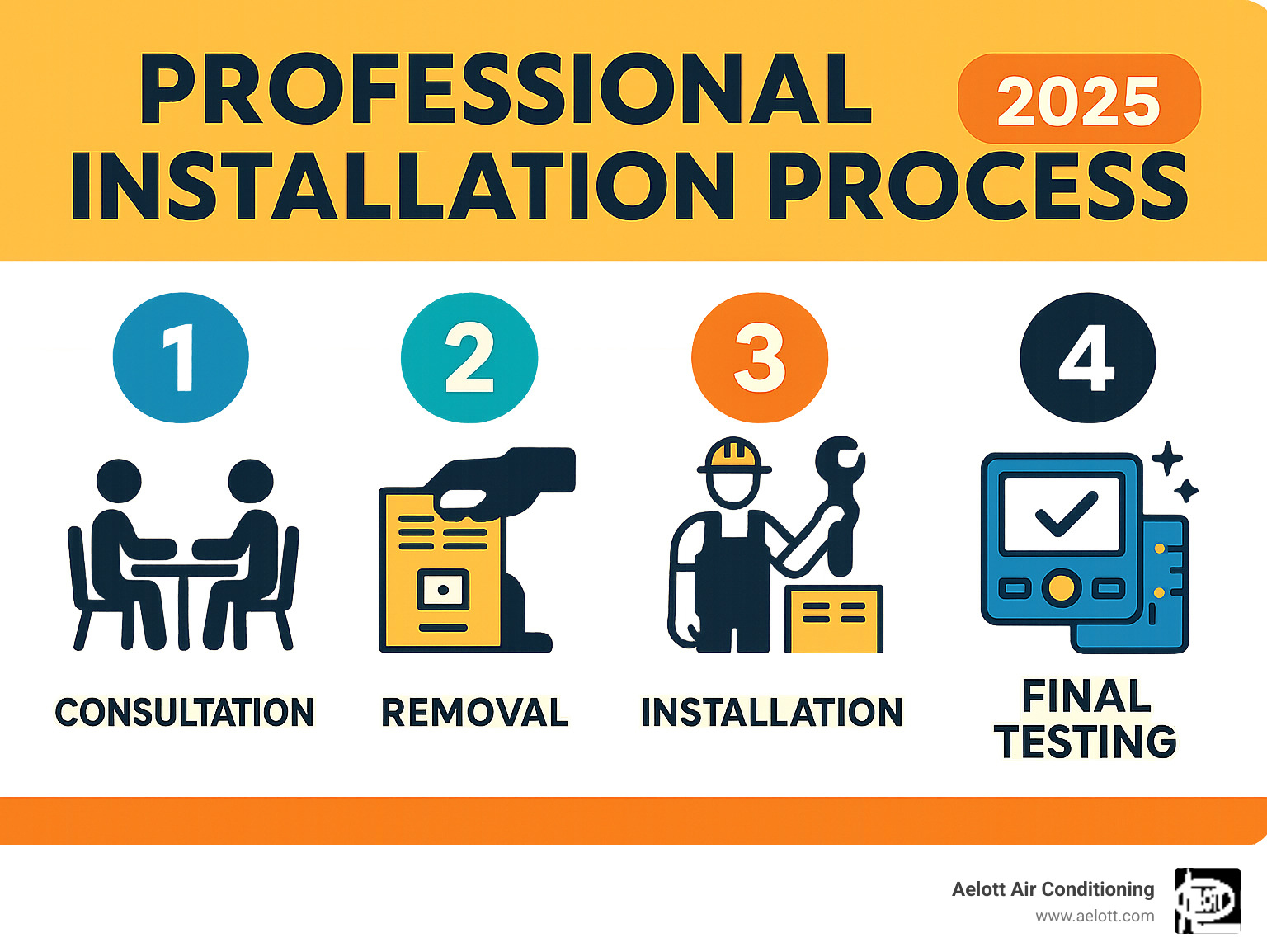 Infographic illustrating the 4-step professional installation process from consultation to final testing - furnace installation service infographic 
