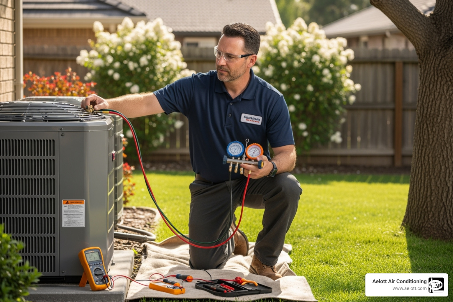 technician inspecting an outdoor AC unit with diagnostic tools - miramar ac service