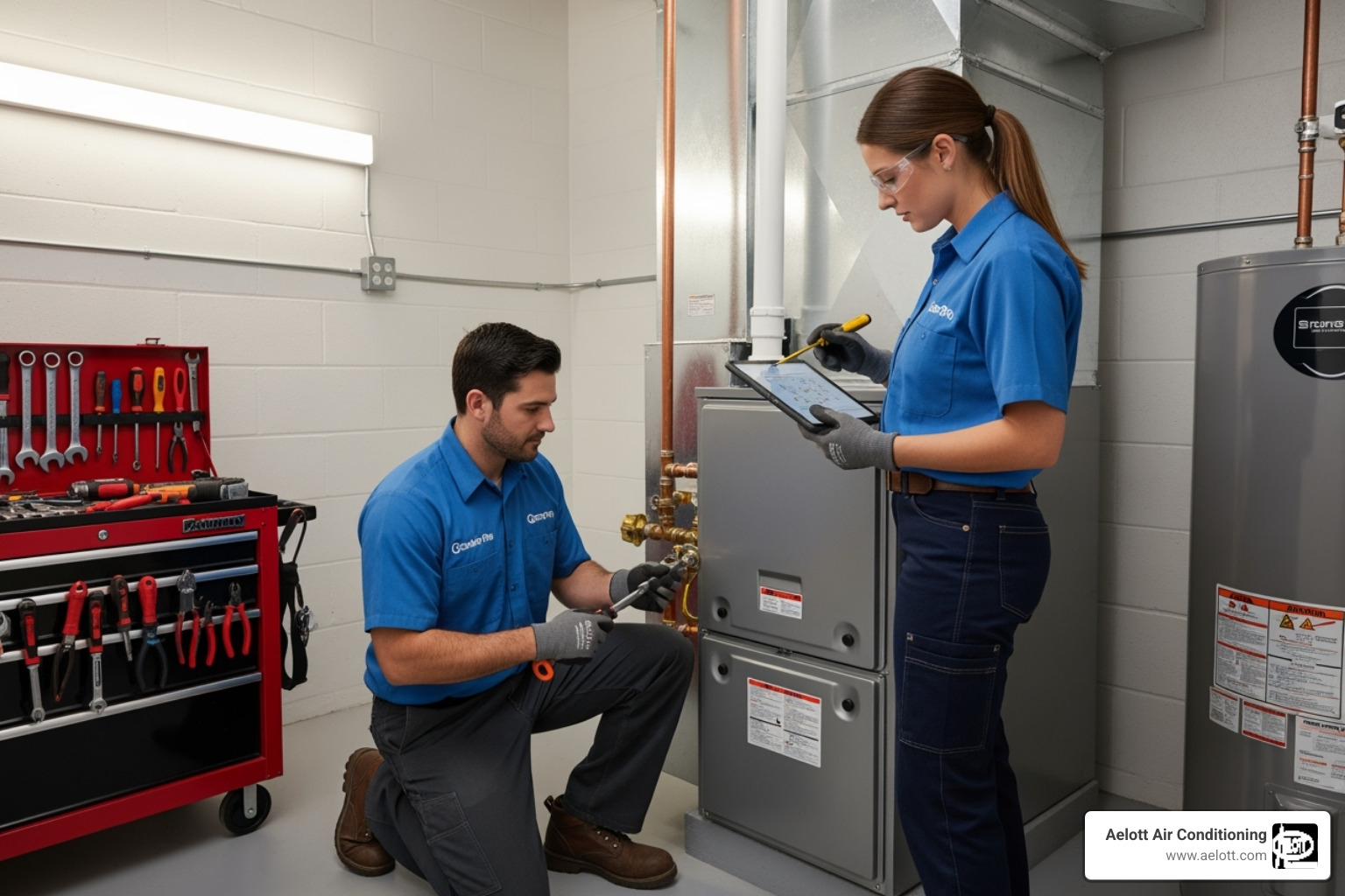 technicians carefully installing a new furnace in a clean utility space - heating installation escondido