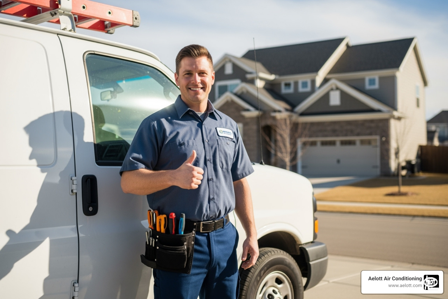 A friendly, uniformed HVAC technician with a service van ready to help Escondido homeowners - hvac maintenance escondido