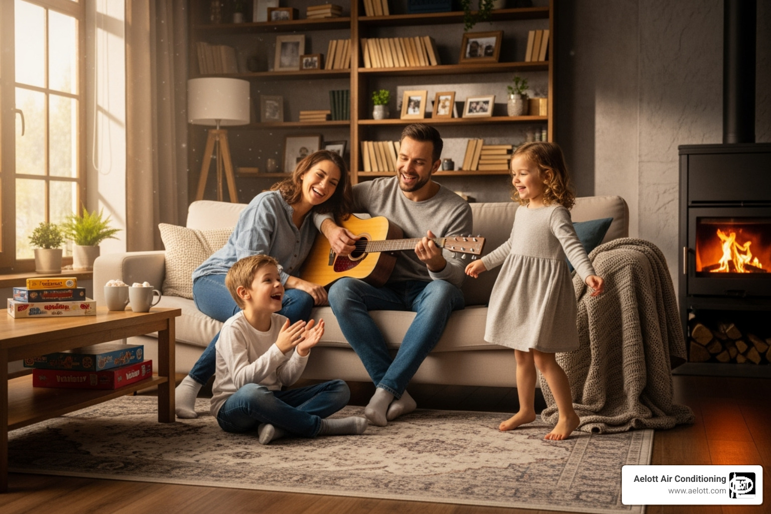 A happy family enjoying their comfortable living room, thanks to a well-maintained HVAC system - hvac maintenance escondido