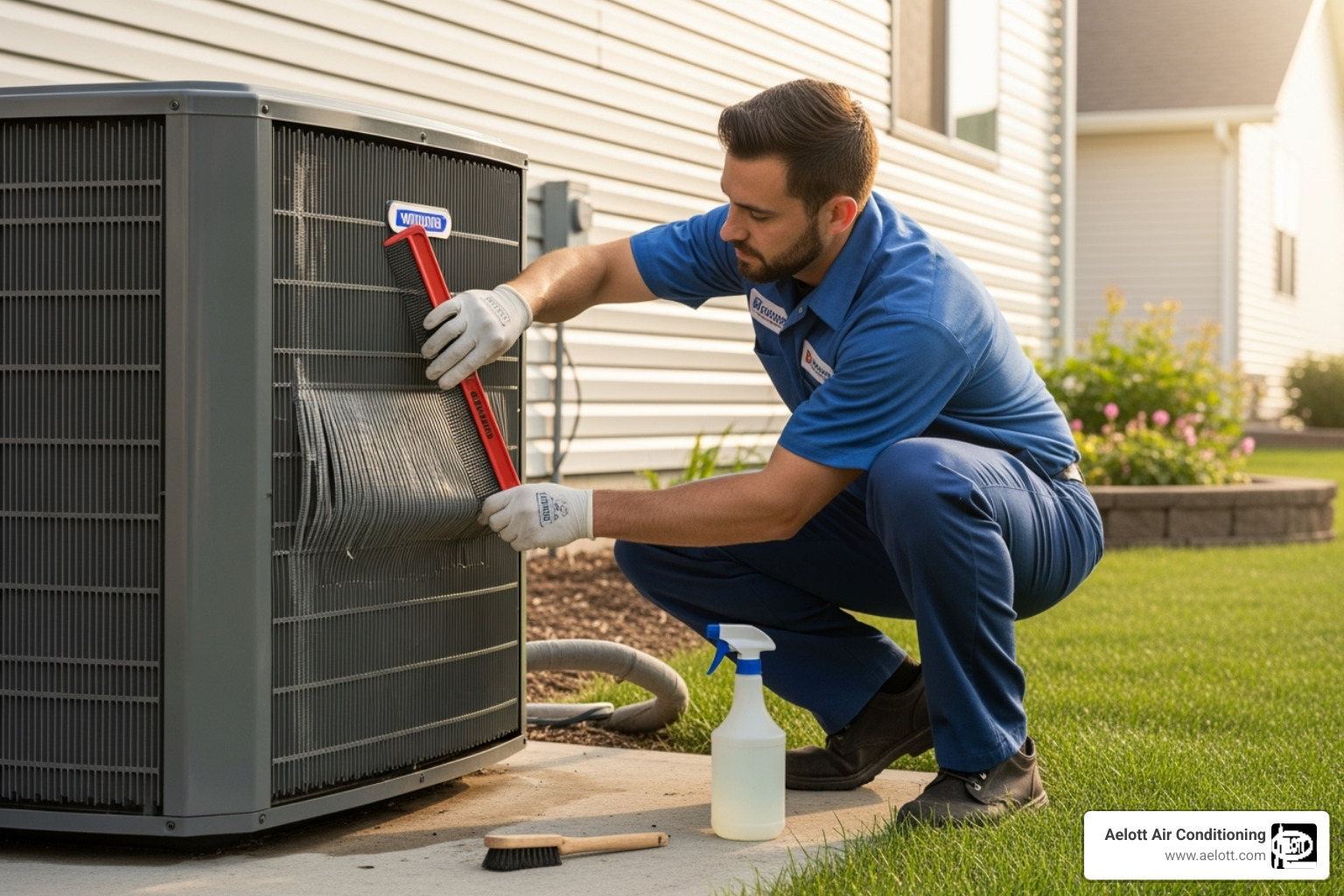 A technician carefully cleaning an outdoor condenser unit during an HVAC maintenance visit - hvac maintenance escondido