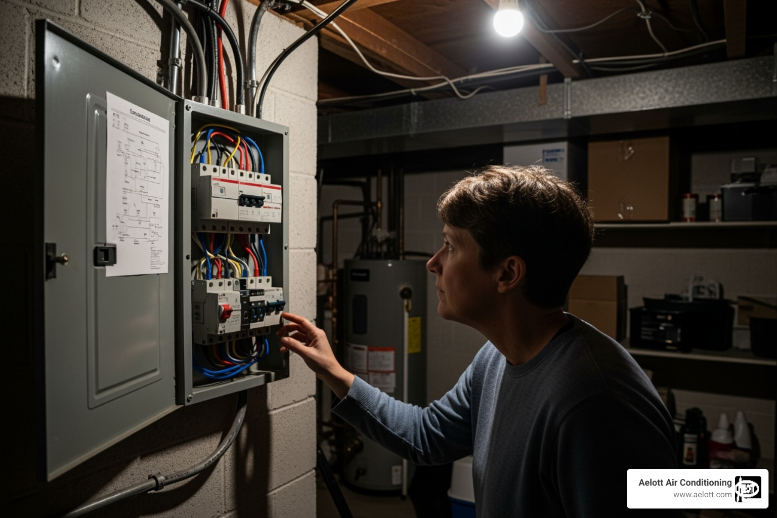 person checking circuit breaker panel - heat pump not cooling