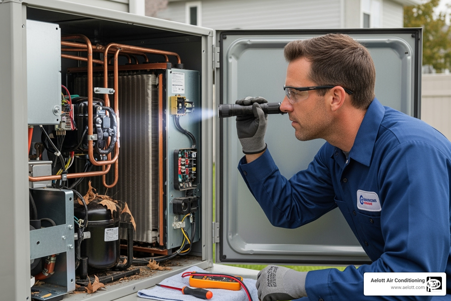professional HVAC technician inspecting heat pump's internal components - heat pump not cooling