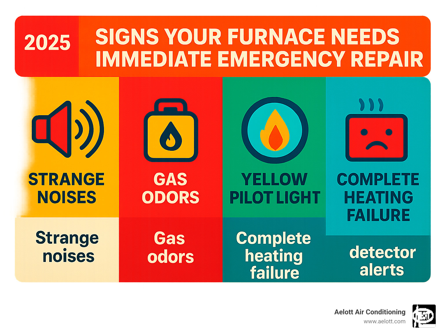 Signs your furnace needs immediate emergency repair including strange noises, gas odors, yellow pilot light, complete heating failure, and carbon monoxide detector alerts - 24 hour furnace repair infographic Signs your furnace needs immediate emergency repair including strange noises, gas odors, yellow pilot light, complete heating failure, and carbon monoxide detector alerts - 24 hour furnace repair infographic