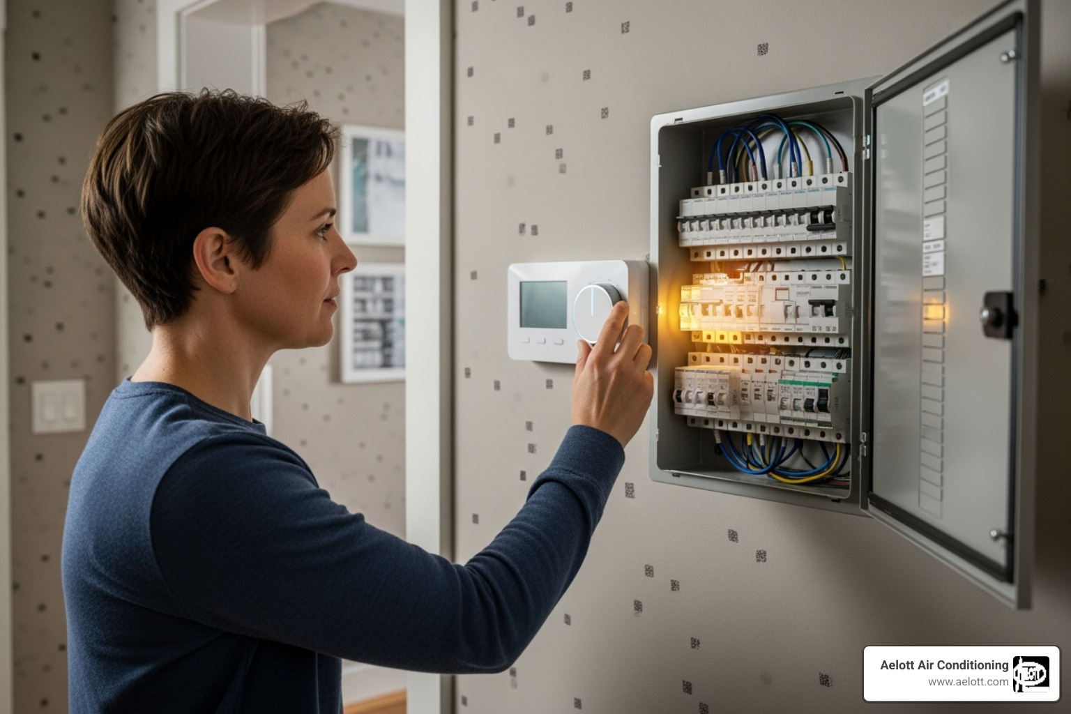 homeowner checking thermostat and circuit breaker panel - 24 hour furnace repair homeowner checking thermostat and circuit breaker panel - 24 hour furnace repair