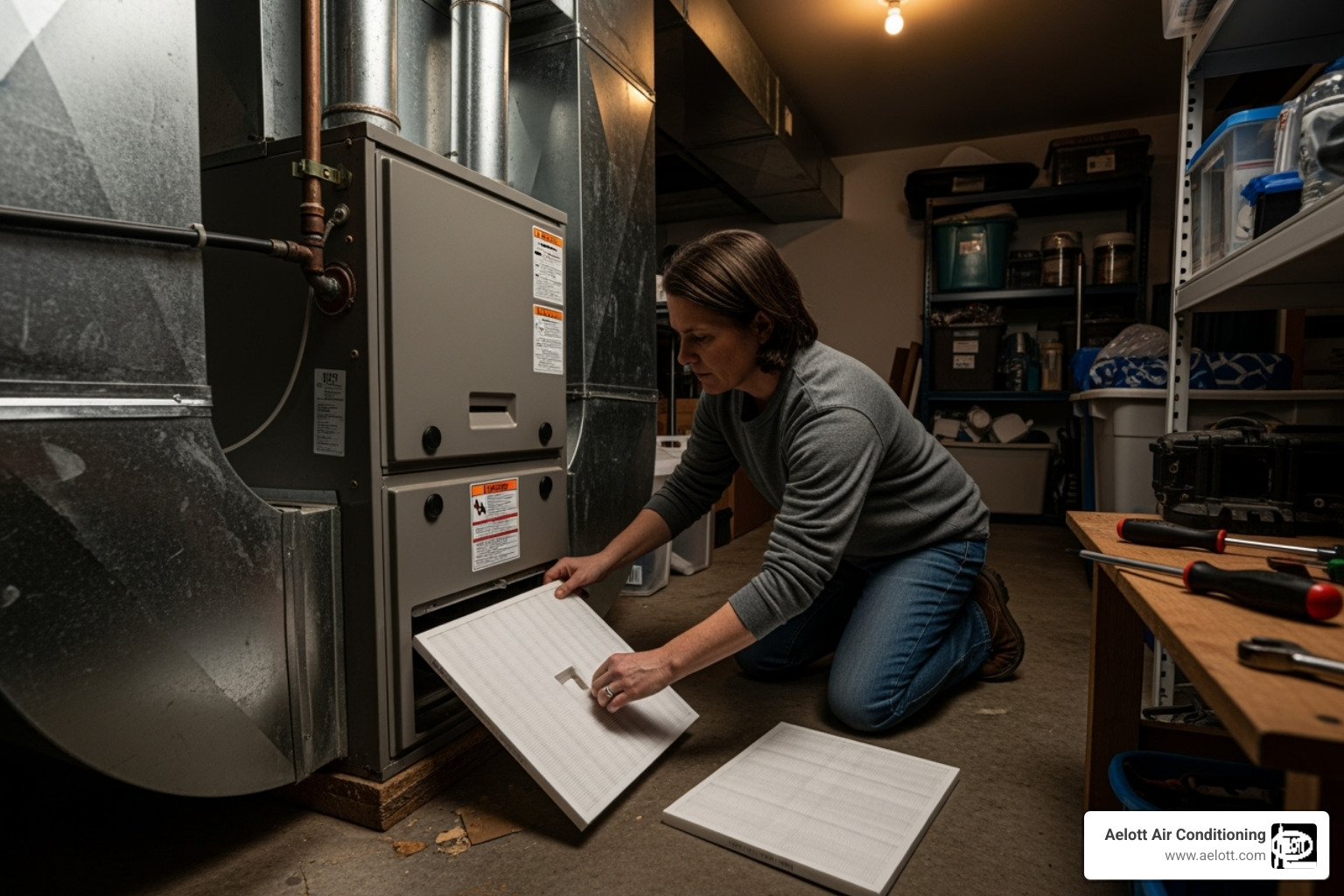 a homeowner changing a furnace air filter - furnace smells like gas