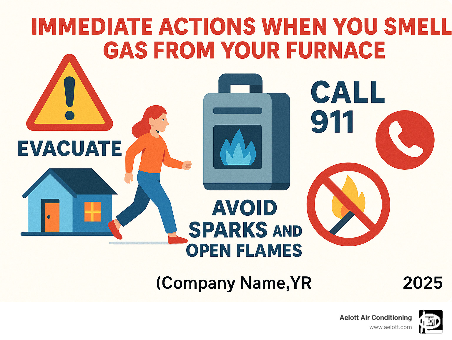 Immediate actions to take when you smell gas from your furnace including evacuation steps, who to call, and safety precautions to avoid sparks or flames - furnace smells like gas infographic 