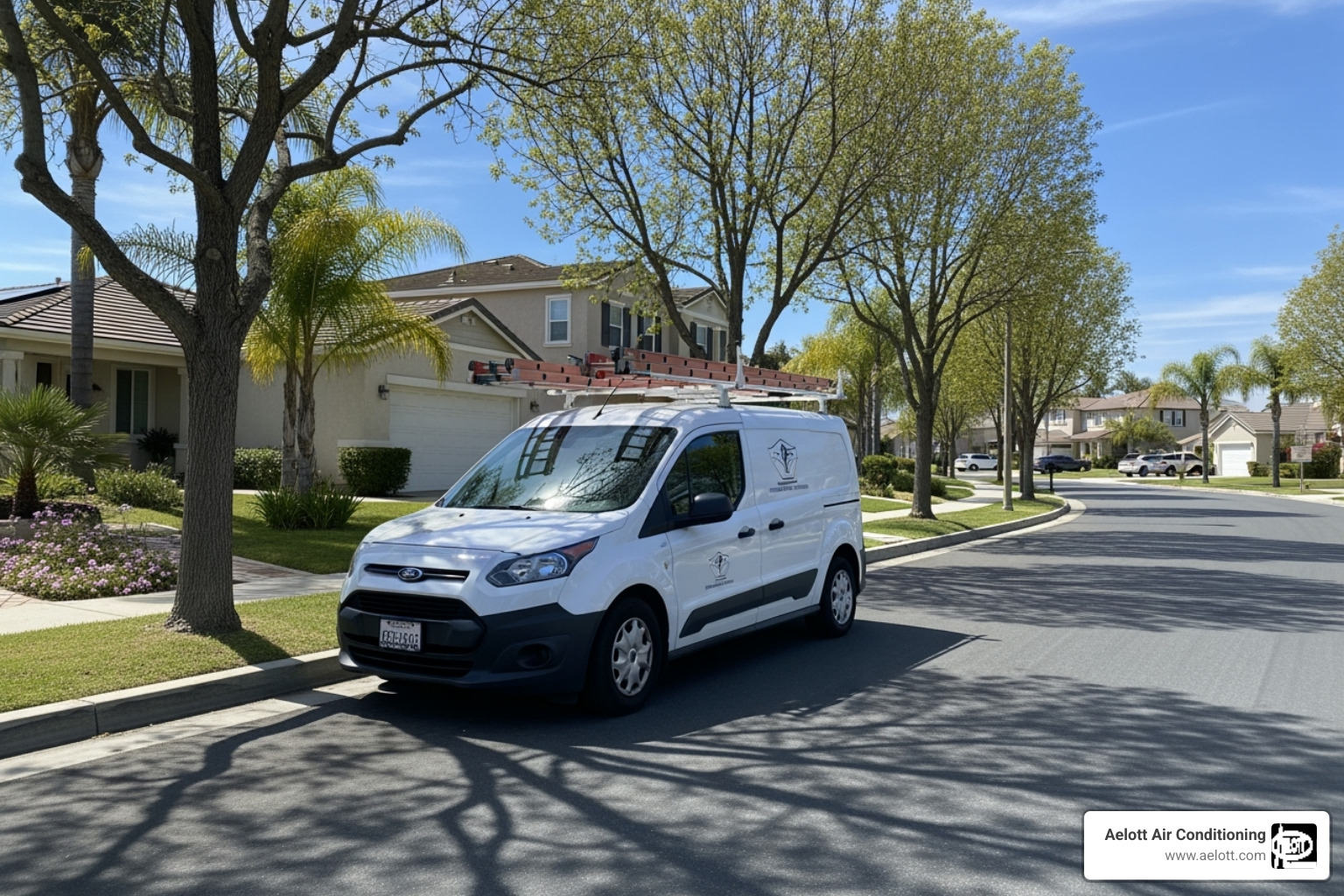 the Aelott Air Conditioning service van in a San Marcos neighborhood - water heater repair San Marcos