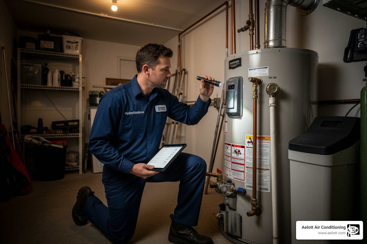 an Aelott technician inspecting a water heater unit - water heater repair San Marcos