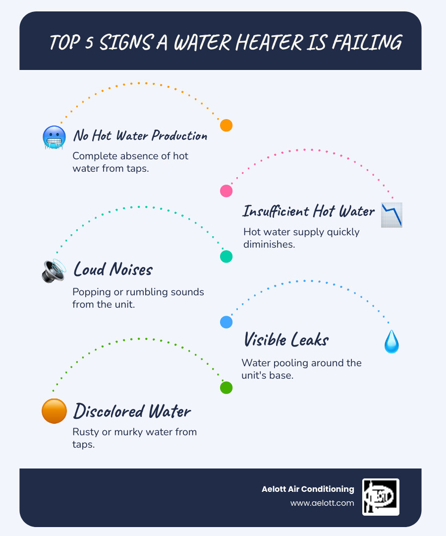 Infographic showing the top 5 signs a water heater is failing in San Marcos homes: no hot water production, insufficient hot water supply, loud popping or rumbling noises from the unit, visible water leaks around the base, and rusty or discolored water from taps - water heater repair San Marcos infographic infographic-line-5-steps-blues-accent_colors