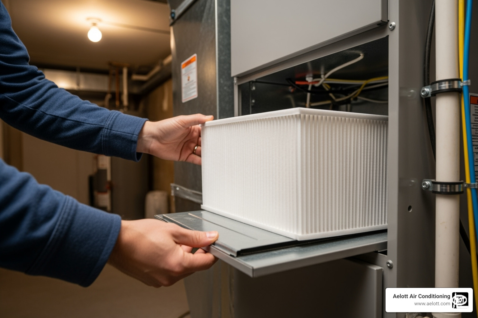 a homeowner easily sliding a clean new air filter into their HVAC system. - ac service in escondido