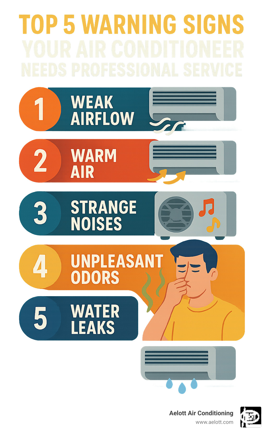 Infographic showing the top 5 warning signs that your air conditioner needs professional service: weak airflow, warm air blowing instead of cool air, strange noises like grinding or whistling, unpleasant odors, and water leaks or excess moisture around the unit - ac service in escondido infographic 