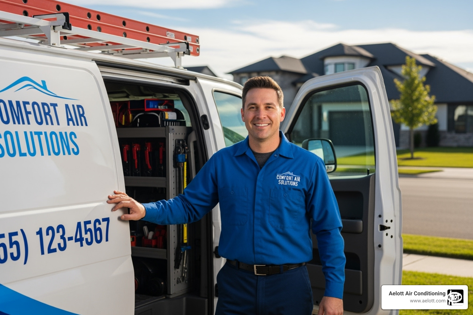 a friendly, uniformed HVAC technician standing by a clearly marked service vehicle. - ac service in escondido