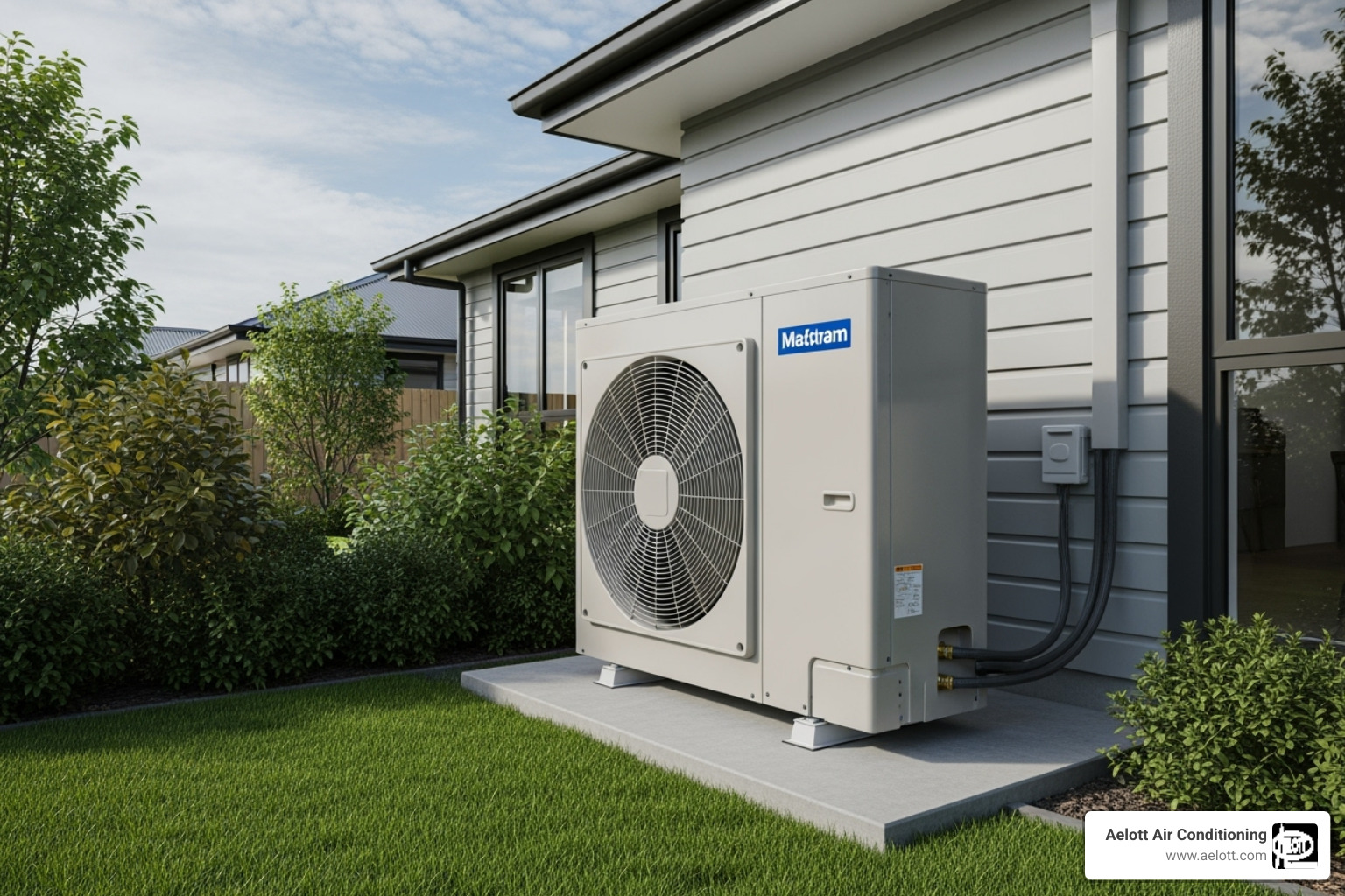 A modern, high-efficiency heat pump unit outside a home - home heating upgrades
