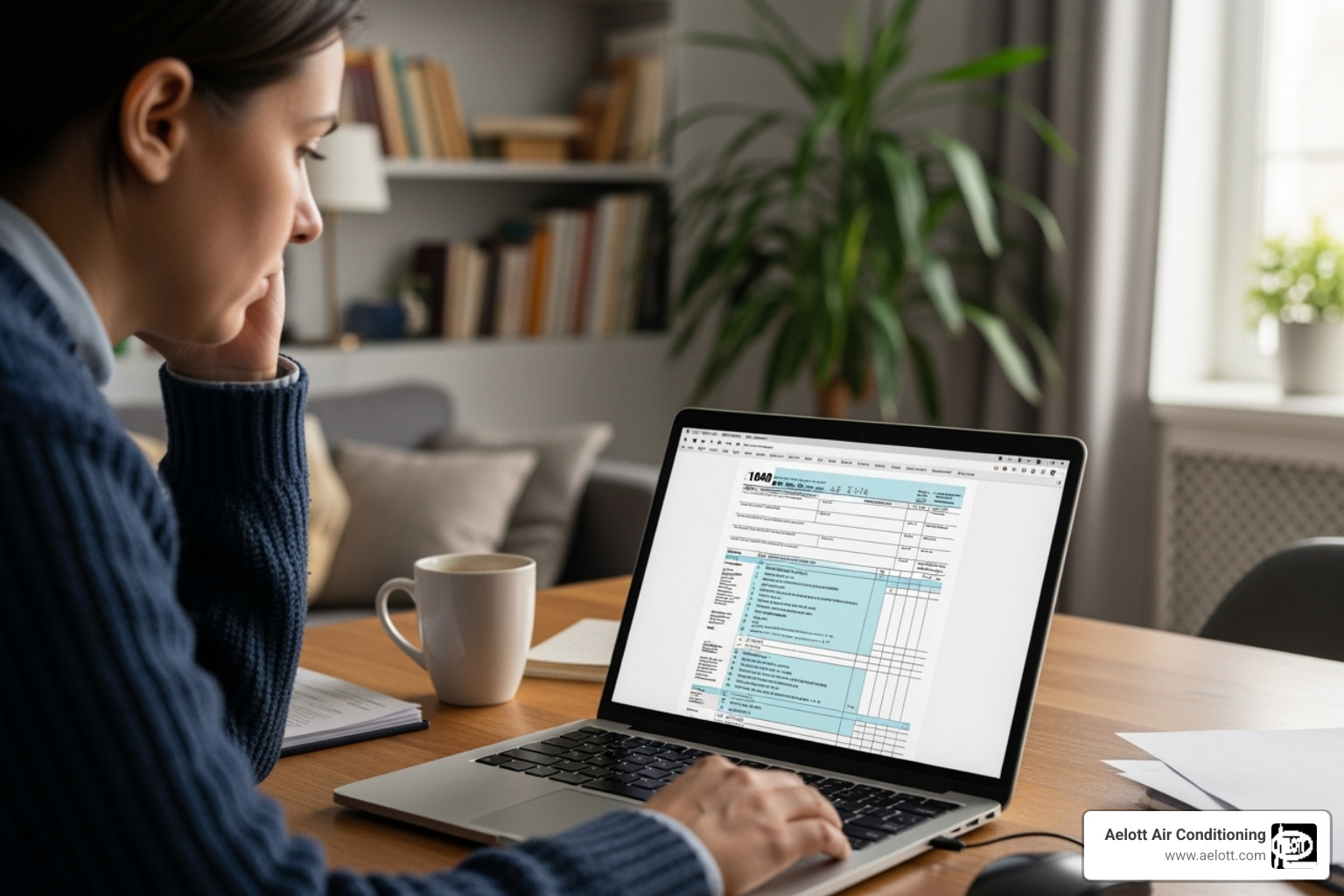A homeowner looking at a tax form on a laptop - home heating upgrades