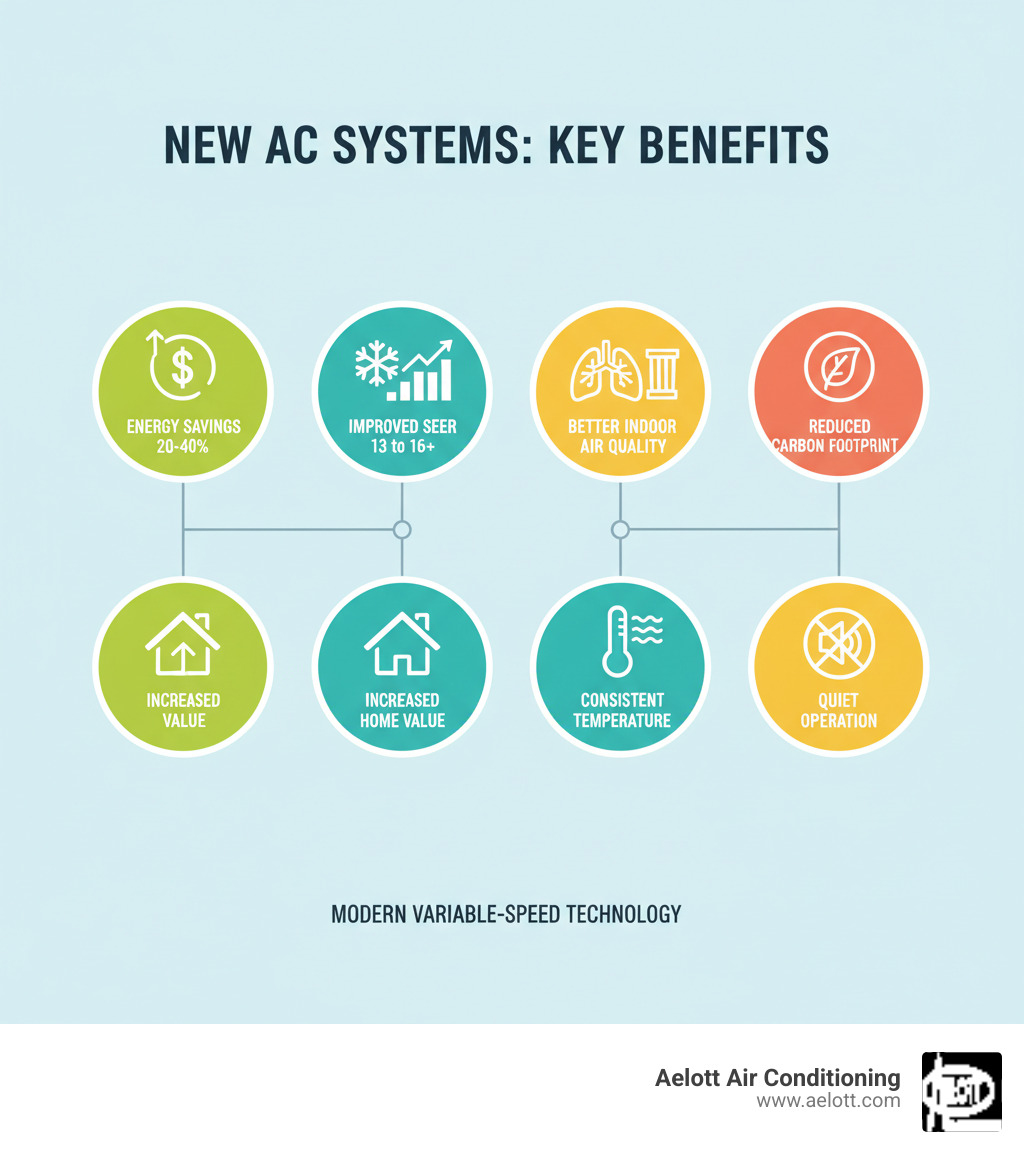 infographic showing key benefits of new AC systems including energy savings of 20-40 percent, improved SEER ratings from 13 to 16 plus in modern units, better indoor air quality through advanced filtration, reduced carbon footprint, increased home value, consistent temperature control throughout the home, and quiet operation with modern variable-speed technology - ac replacement vista ca infographic 