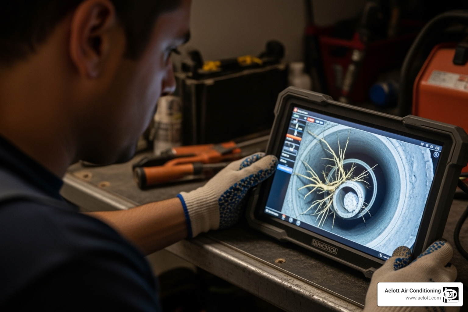 A technician monitoring a screen displaying live footage from a sewer camera inspection, showing the inside of a pipe. - drain cleaning carlsbad ca