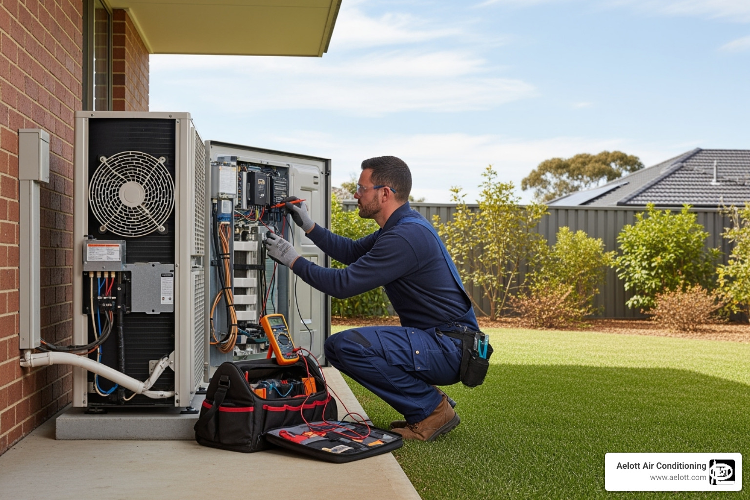 A technician performing a tune-up on an outdoor heat pump unit, checking components - escondido heat pump installation