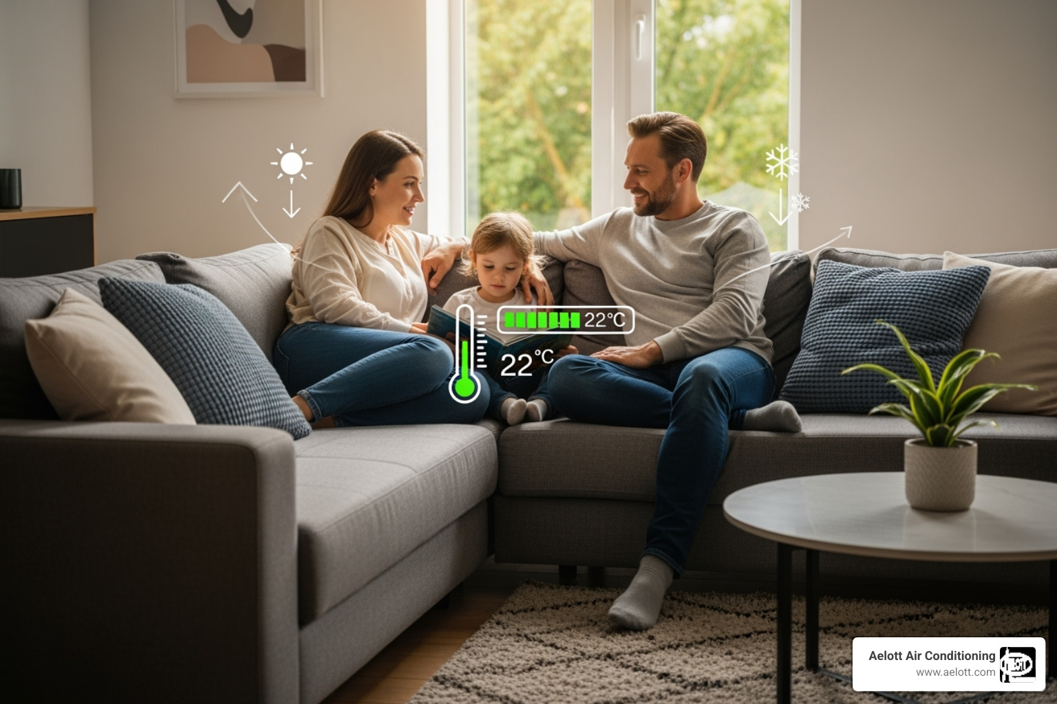 A family comfortably relaxing in their living room, with temperature icons indicating ideal comfort - escondido heat pump installation