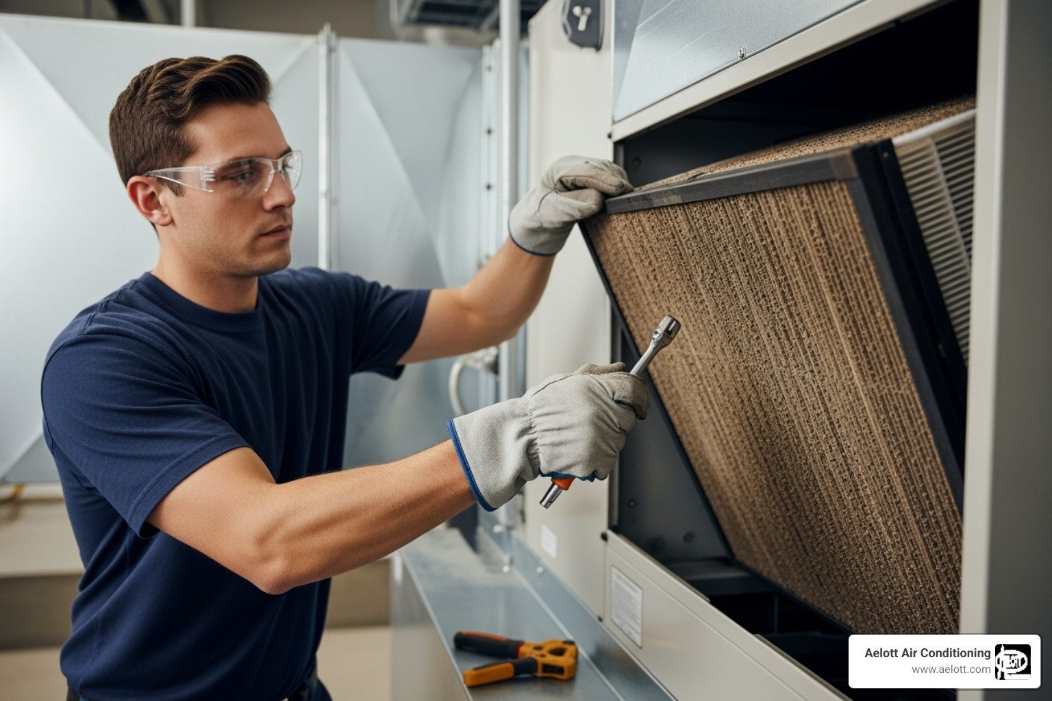 technician changing a large commercial AC filter - commercial ac maintenance rancho bernardo ca